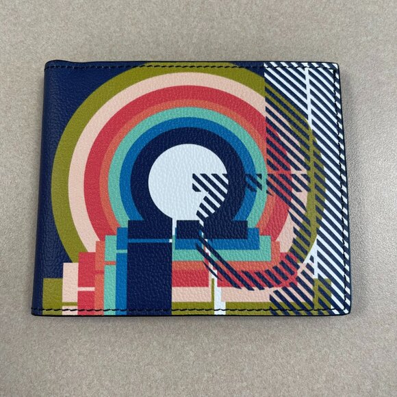 Salvatore Ferragamo Motif-Printed Bi-Fold Leather Wallet - Navy/Multi - NWOT - Picture 1 of 9